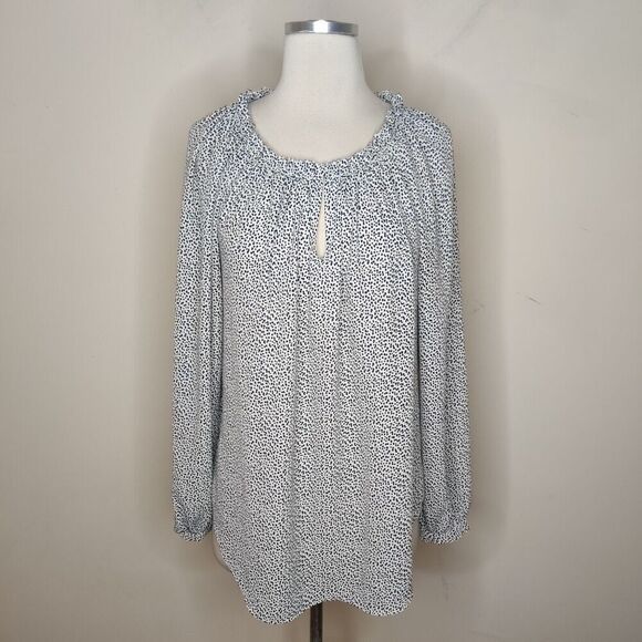 Ann Taylor Blouse White Black Dots Keyhole Neck Blouson Sleeve - Picture 1 of 9
